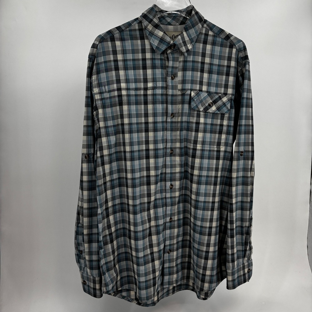 Duck Camp Plaid Button Down Shirt Mens L-Tall Blue Grey Technical Fishing Hiking